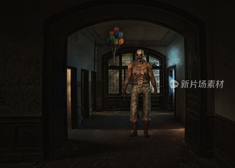 Giant scary clown in abandoned castle